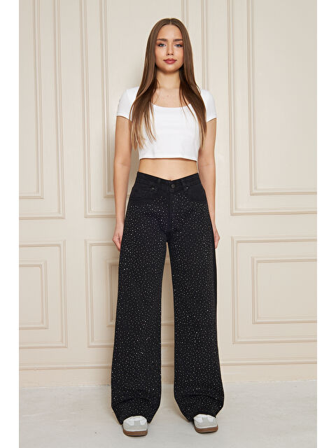 Comstar Kadın Yüksek Bel Baggy Taşlı Bol Paça Siyah Jean Pantolon