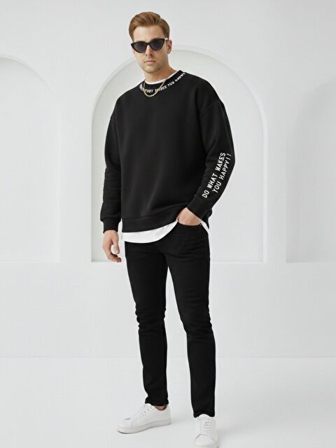 Trendseninle Erkek Siyah Do What Baskılı Bisiklet Yaka Sweatshirt - S000505633-19351
