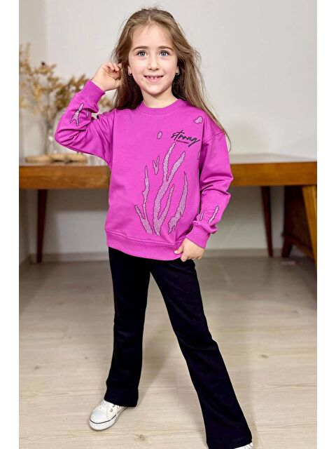 Riccotarz Kız Çocuk Strong Yazı Detaylı ve Üzeri Taş Ağaç Baskılı Çift Cepli Mor Eşofman Takım - S000490543-20042