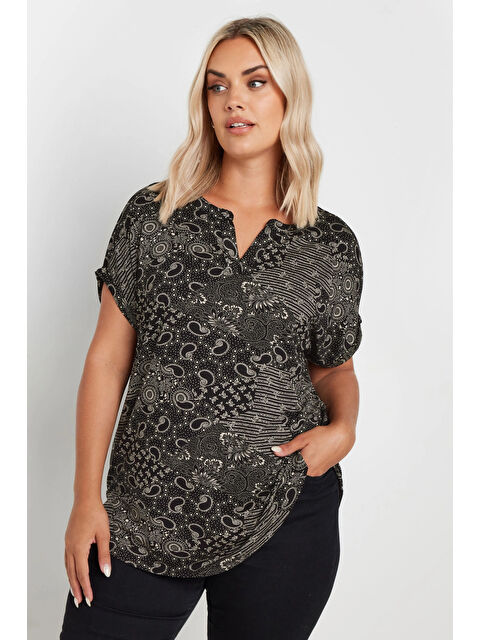 Stil Diva Büyük Beden V Yaka Kısa Kollu Desenli Bluz 303527 - S000280364-37430