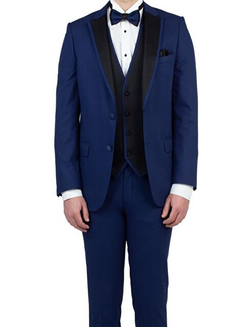 İMZA Lacivert Armürlü Mono Yaka Astarlı Yelekli 6 Drop Slim Fit Smokin Damatlık 1001190150 - S000388095-21164