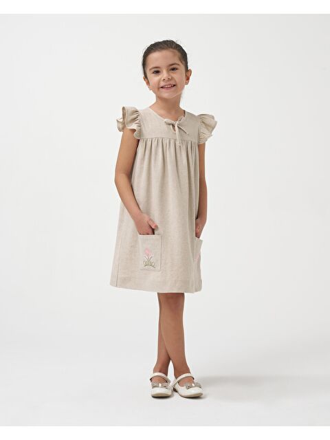 Magu Kız Çocuk Keten Bej Çiçek Nakışlı Fırfır Kollu Elbise - S000491905-19928