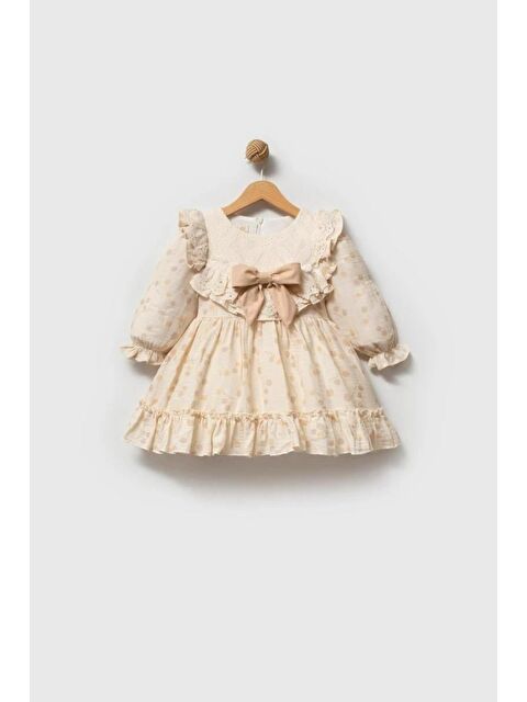 Magu Kız Çocuk Pamuklu Bej Puantiye Dantelli Elbise - Fırfır Yaka Ve Fiyonk Detaylı - S000491904-19928
