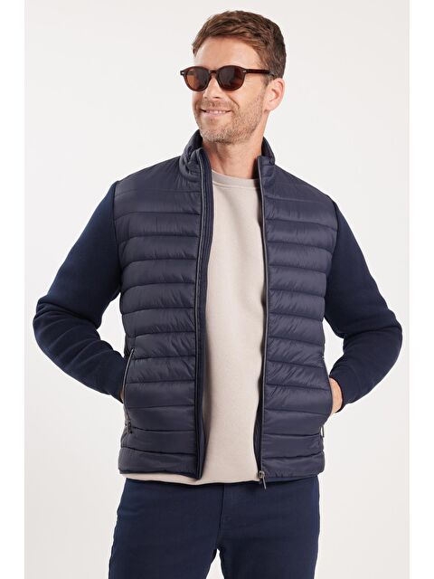 TUDORS Erkek Relax Fit Rahat Kesim Kapitone Kollar Triko Çift Cepli Sıcak Tutan Lacivert Mont - S000521942-21164