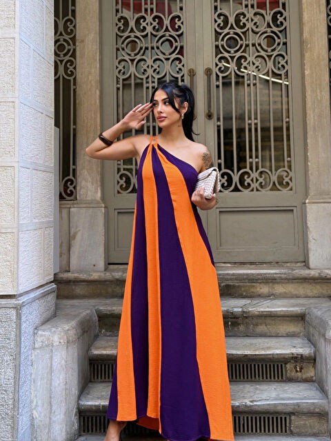 Hazelin Kadın Turuncu Mor Parça Bloklu Omuz Detay Elbise HZL25S-DSB107651 - S000408808-20013