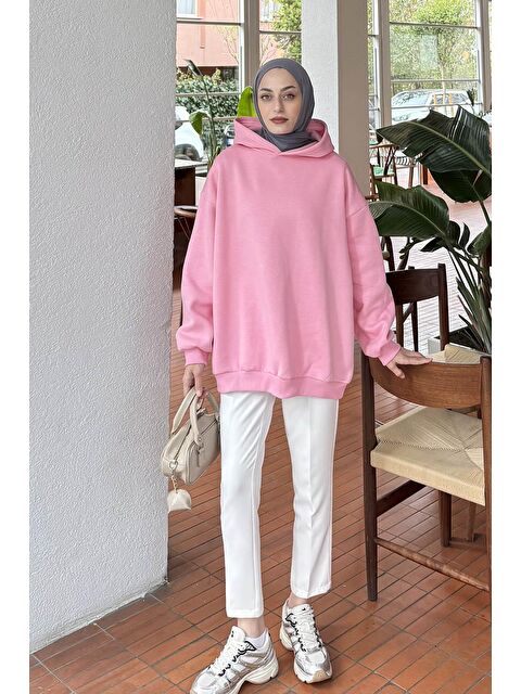 Lamelif Kapüşonlu Salaş Sweatshirt Şeker Pembesi