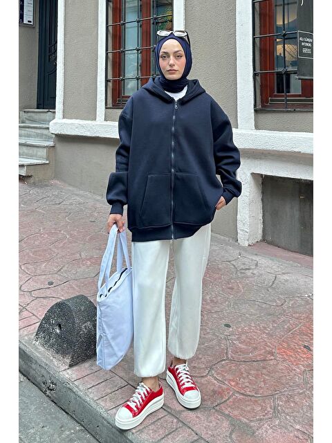Lamelif Kapüşonlu Oversize Yan Cepli Sweat Lacivert - S000518387-21164