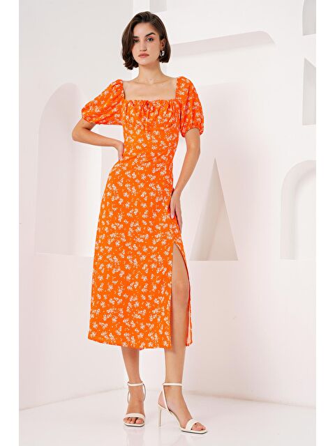 Bigdart 2387 Yırtmaç Detaylı Elbise - Turuncu - S000089492-20013