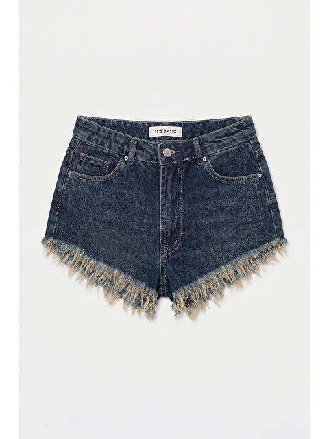 It's Basic Kadın Koyu Jean 2s6 Mini Boy Paça Püsküllü Denim Şort