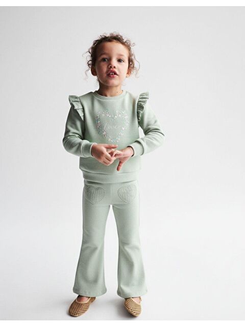 Magu Kız Çocuk Pamuklu Mint Yeşili Love Baskılı Fırfır Detaylı Eşofman Takımı - Geniş Paça - S000437345-18194