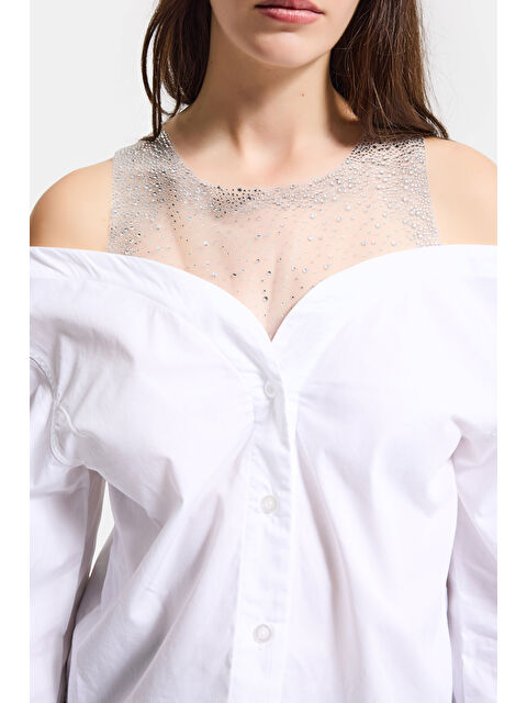 It's Basic Kadın Beyaz Oversize Tül Dantelli Özel Tasarım Gömlek