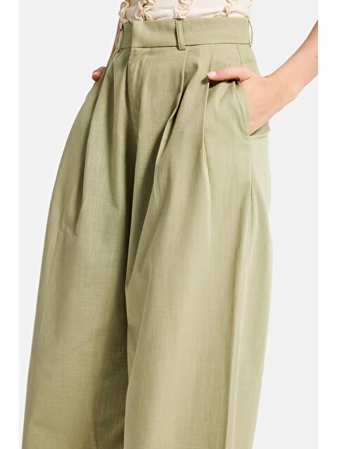 It's Basic Kadın Zeytin Yeşili Palazzo Fit Yüksek Bel Organik Keten Pantolon