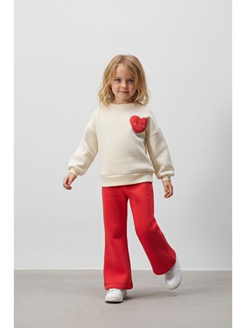 Magu Kız Çocuk Pamuklu Ekru Kalpli Sweatshirt Kırmızı İspanyol Paça Eşofman Alt Takım - S000437347-23173