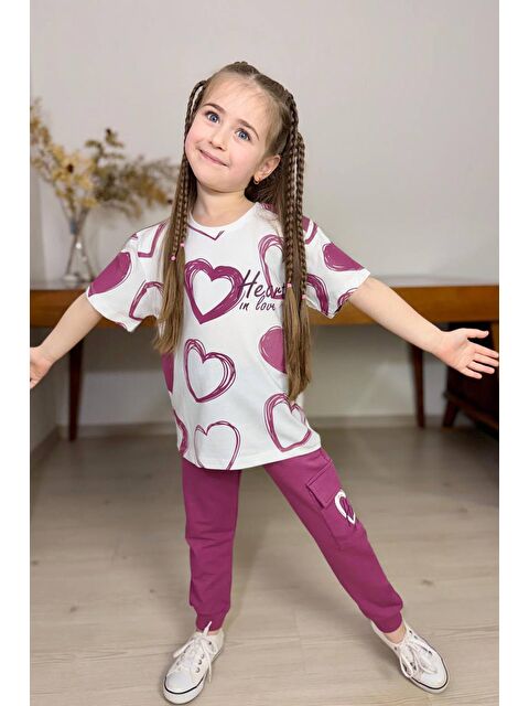 Riccotarz Kız Çocuk Pano Kalp Baskı Bisiklet Yaka T-Shirt Kargo Cepli Alt Mor Eşofman Takım - S000406986-20042