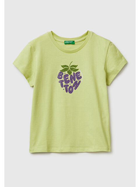United Colors Of Benetton Kız Çocuk Sarı Simli Logolu Bisiklet Yaka T-Shirt