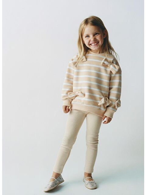 Magu Kız Çocuk Pamuklu Sarı Çizgili Fiyonk Detaylı Sweatshirt Ve Ribana Tayt Takım - S000437358-20072