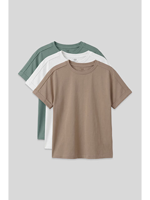 Tommylife Oversize Fit O Yaka Basic 3lü Paket Beyaz-Koyu Bej-Açık Yeşil Kız Çocuk T-Shirt - 75182 - S000518388-5241