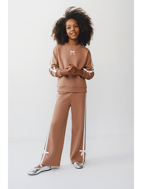 Magu Kız Çocuk Pamuklu Kiremit Fiyonk Nakışlı Sweatshirt Ve Şeritli Eşofman Takım - S000437369-19413