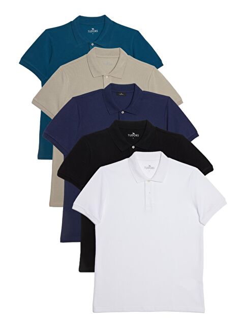 TUDORS Erkek Slim Fit %100 Pamuk Yumuşak Doku 5'Li Beyaz-Siyah-Lacivert-Açık Haki-Mavi Düz Polo Yaka Tişört - S000519636-23173