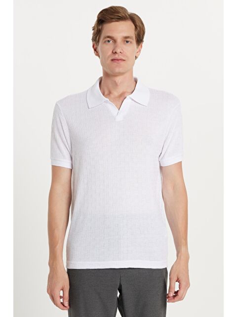 TUDORS Erkek Slim Fit Dar Kesim Viskon Kumaş Desenli Düz Pike Düğmesiz Beyaz Polo Yaka Tişört - S000519638-20063