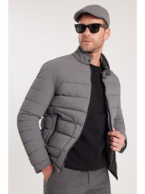 TUDORS Erkek Regular Fit Klasik Kesim Dik Yaka Çift Cepli Sıcak Tutan Gri Şişme Mont - S000521952-20600