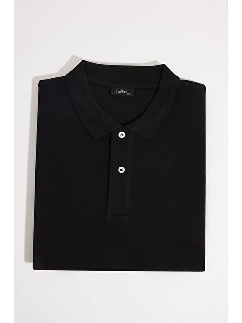 TUDORS Erkek Big Size Büyük Beden %100 Pamuk Düz Pike Siyah Polo Yaka Tişört - S000519644-19351