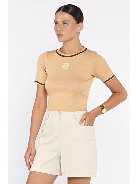 Gülseli Bisiklet Yaka Nakış Detaylı Elastanlı Kadın Triko Bluz - S000300421-19928