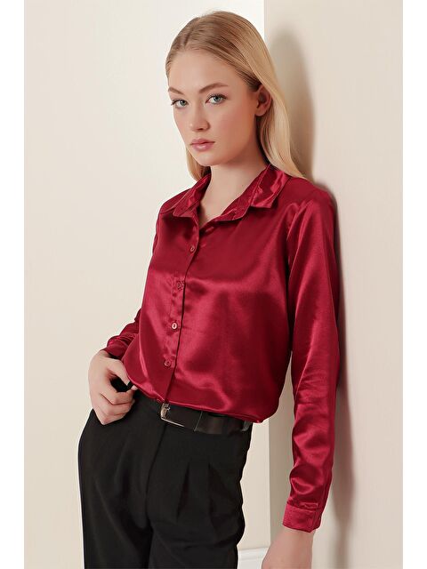 Bigdart 3964 Hafif Dökümlü Saten Gömlek - Mürdüm - S000089376-20036