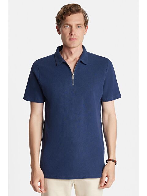 TUDORS Erkek Slim Fit Dar Kesim %100 Pamuk Fermuarlı Lacivert Polo Yaka Tişört - S000519650-21164