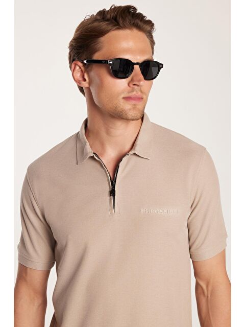 TUDORS Erkek Standart Fit Normal Kesim Pamuklu Fermuarlı Baskılı Basic Taş Polo Yaka Tişört - S000519652-25636