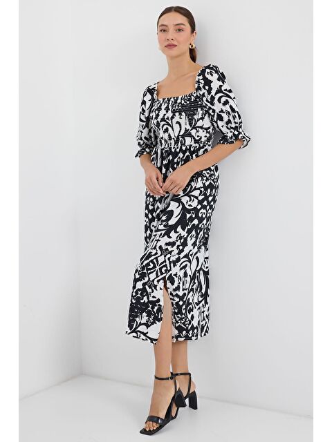 Bigdart 2512 Desenli Yırtmaçlı Elbise - Siyah - S000241653-19351