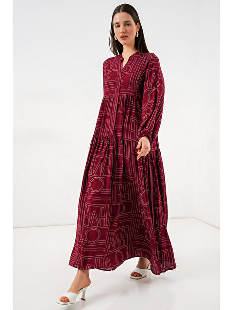 Bigdart Kadın Desenli Uzun Tesettür Elbise 2585 - B. Bordo