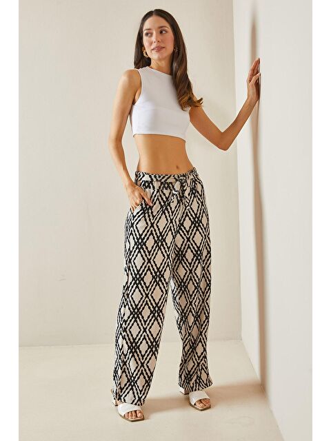 Xhan Siyah Desenli Bol Paça Kuşaklı Pantolon 5YXK5-48554-02 - S000193989-19351