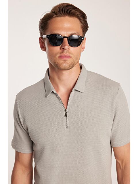 TUDORS Erkek Slim Fit Dar Kesim %100 Pamuk Fermuarlı Gri Polo Yaka Tişört - S000519662-20600