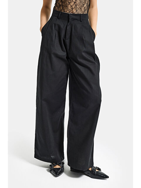 It's Basic Kadın Siyah Palazzo Fit Yüksek Bel Organik Keten Pantolon