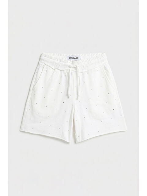 It's Basic Kadın Beyaz T-s6-101 Relax Fit Parlak Taşlı Özel Tasarım Örme Şort