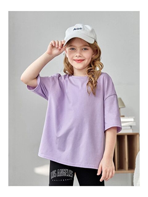 Trendseninle Kız Çocuk Lila Shining Baskılı Oversize Tişört Biker Şortlu Takım - S000248417-20020