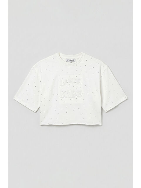 It's Basic Kadın Beyaz T-s6-101 Crop Parlak Taşlı Özel Tasarım Örme T-Shirt