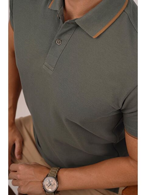 Etikmen Haki Taba Yaka Çizgili Erkek Polo Yaka %100 Pamuk Tişört - S000388147-5302
