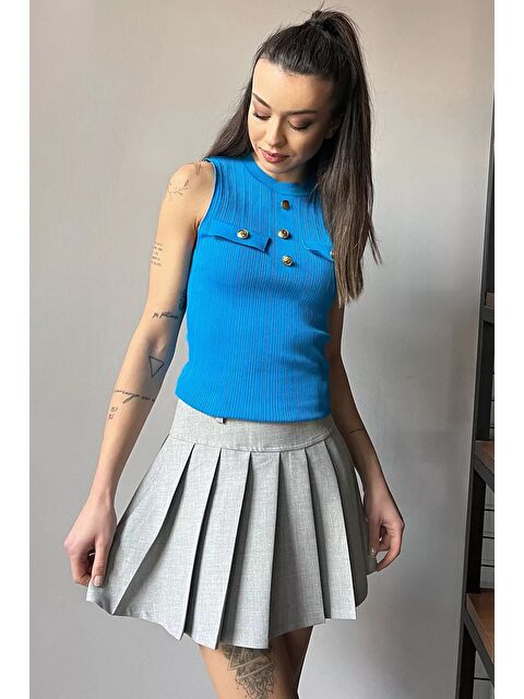 Gülseli Gold Düğme Detaylı Bisiklet Yaka Kadın Elastanlı Triko Bluz - S000313527-17234