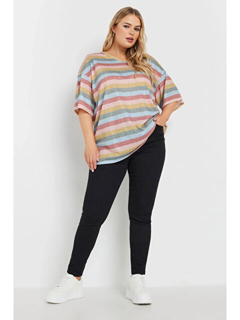Stil Diva Büyük Beden V Yaka Kısa Kollu Çizgili Tişört 303524 - S000280369-20024
