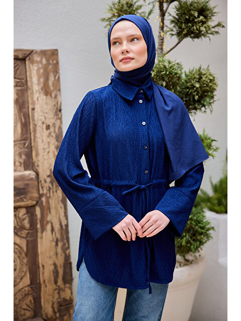 Locco Moda Kadın Beli Kemerli Damla Gömlek Lacivert - S000359779-21164