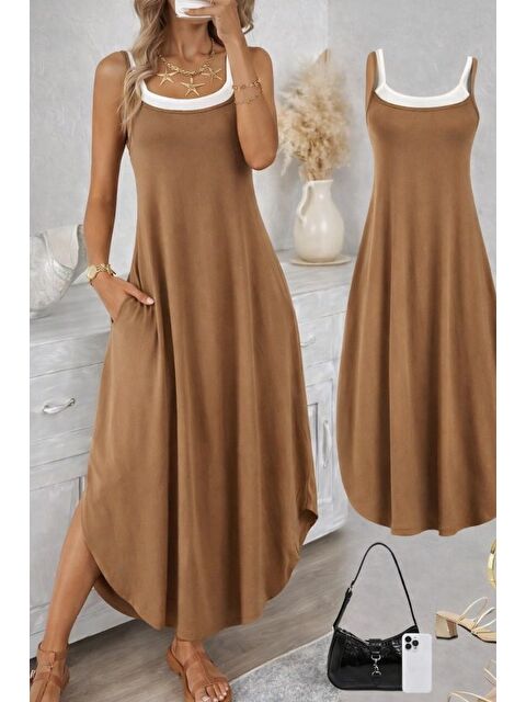 Jane's Kadın Ip Askılı Yuvarlak Yakalı Cepli Uzun Viskon Elbise