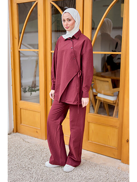 Locco Moda Kadın Düğme Detay Yan Bağlamalı Keten Takım Bordo - S000359787-19951