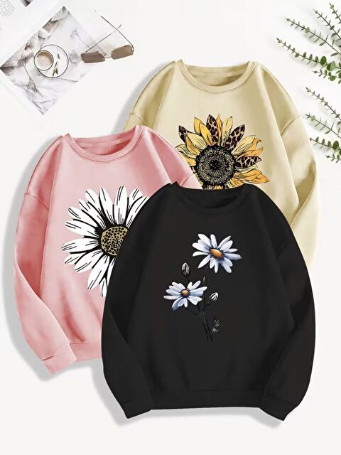 Trendseninle 3lü Set Margrit Flowers Baskılı Bej Pembe Siyah Bisiklet Yaka Sweatshirt - S000482665-23173
