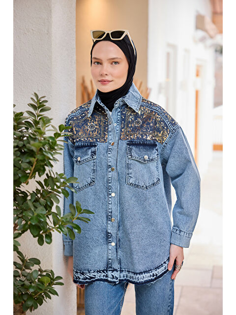 Locco Moda Kadın Gold Varak Desenli Jean Ceket  Buz Mavi - S000359790-3053