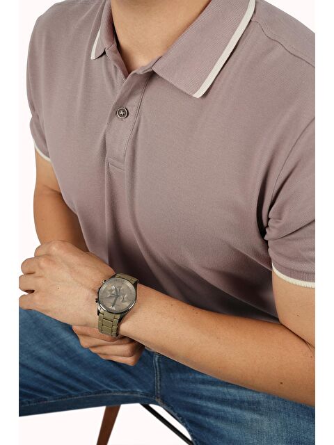 Etikmen Vizon Bej Yaka Çizgili Erkek Polo Yaka %100 Pamuk Tişört - S000388147-5173