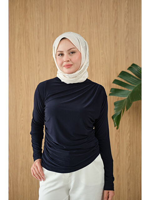 Locco Moda Kadın Uzun Kollu Büzgü Detay Bluz Lacivert