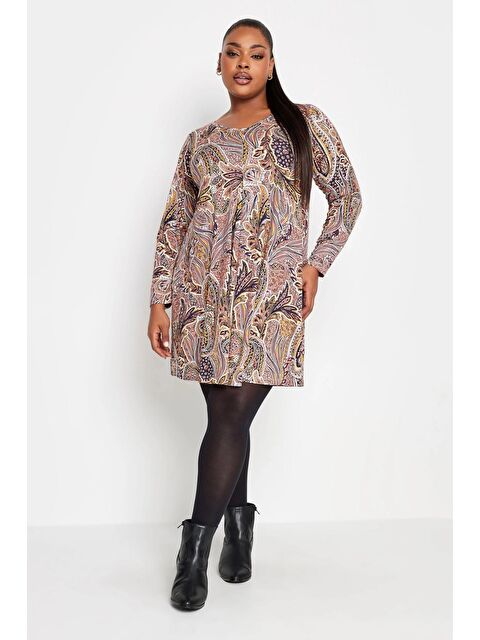 Stil Diva Büyük Beden V Yaka Uzun Kollu Çiçek Desenli Kısa Elbise 302735 - S000136785-7152