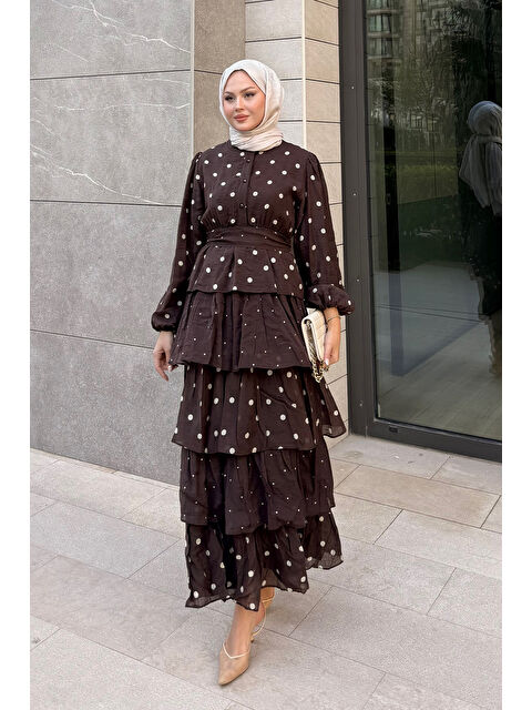 Locco Moda Kadın Puantiye Detaylı Kat Kat Bel Bağlamalı Elbise Kahverengi